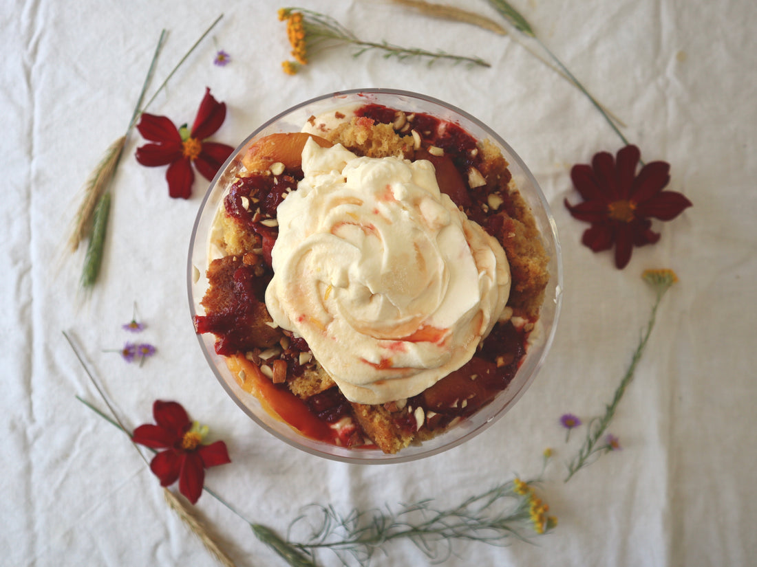 Summer Solstice Trifle with Roast Peach and Ricotta